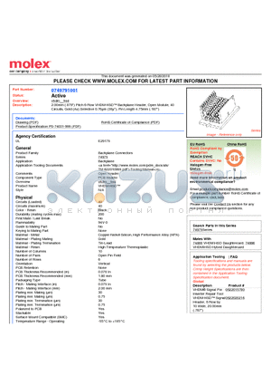 74979-1001 datasheet - 2.00mm (.079) Pitch 6-Row VHDM-HSD Backplane Header, Open Module, 40 Circuits, Gold (Au) Selective 0.76lm (30l), Pin Length 4.75mm (.187)