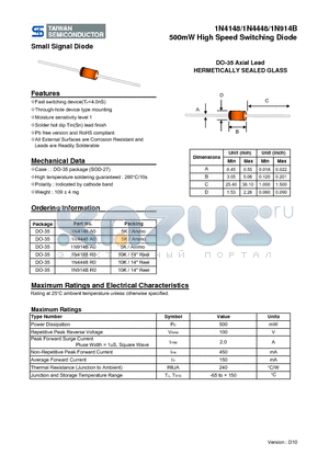 1N4148R0 datasheet - 500mW High Speed Switching Diode