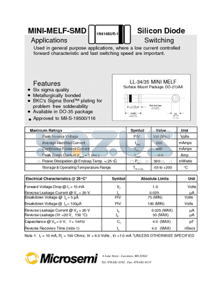 1N4148UR-1 datasheet - MINI-MELF-SMD Silicon Diode