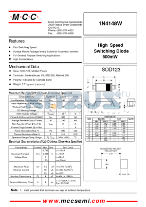 1N4148W datasheet - High Speed Switching Diode 500mW