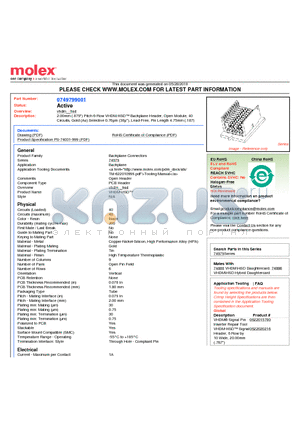 74979-9001 datasheet - 2.00mm (.079) Pitch 6-Row VHDM-HSD Backplane Header, Open Module, 40 Circuits, Gold (Au) Selective 0.76lm (30l), Lead-Free, Pin Length 4.75mm (.187)