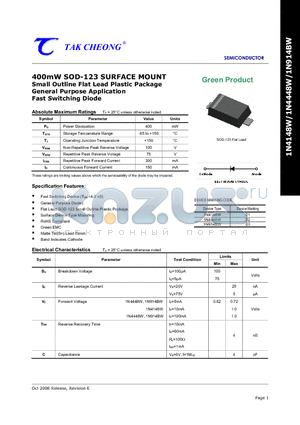 1N4148W datasheet - 400mW SOD-123 SURFACE MOUNT Small Outline Flat Lead Plastic Package General Purpose Application Fast Switching Diode