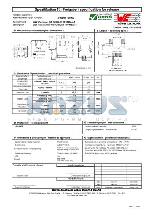 7498011001A datasheet - LAN-Transformer WE-RJ45LAN 10/100BaseT