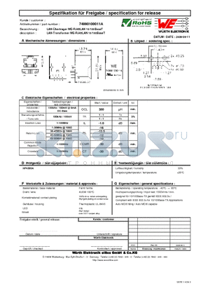 74990100011A datasheet - LAN-Transformer WE-RJ45LAN 10/100BaseT