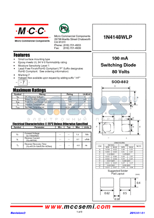 1N4148WLP_13 datasheet - 100 mA Switching Diode 80 Volts