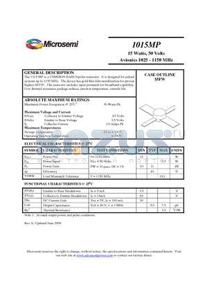 1015MP datasheet - 15 Watts, 50 Volts Avionics 1025 - 1150 MHz