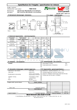 7499110122 datasheet - LAN-Transformer WE-RJ45LAN 10/100/1000 BaseT