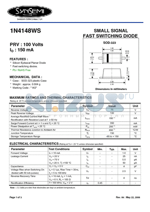 1N4148WS datasheet - SMALL SIGNAL FAST SWITCHING DIODE