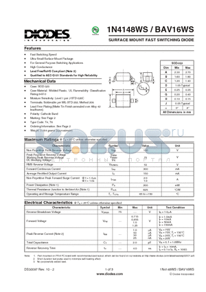 1N4148WS-7-F datasheet - SURFACE MOUNT FAST SWITCHING DIODE