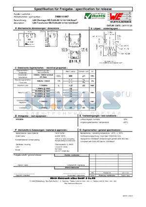 7499111447 datasheet - LAN-Transformer WE-RJ45LAN 10/100/1000 BaseT