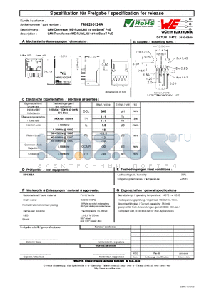 7499210124A datasheet - LAN-Transformer WE-RJ45LAN 10/100BaseT PoE