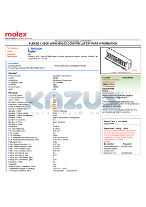 74992-0000 datasheet - 2.00mm (.079) Pitch HDM^ Board-to-Board Backplane Header, Vertical, Pressfit Tail, Double End, 72 Circuits