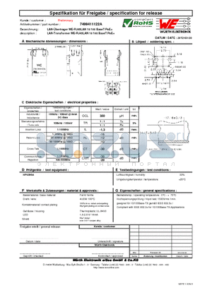 7499411122A datasheet - LAN-Transformer WE-RJ45LAN 10/100 BaseT PoE