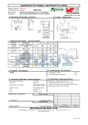 7499611421 datasheet - LAN-Transformer WE-RJ45LAN 10/100/1000/10G BaseT