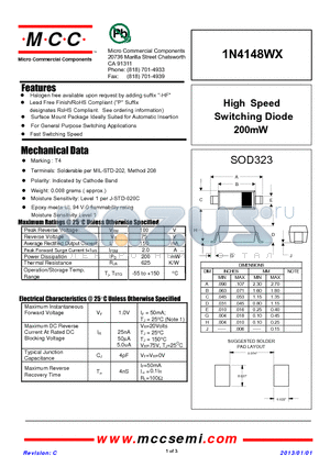 1N4148WX-TP datasheet - High Speed Switching Diode 200mW