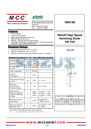 1N4148_12 datasheet - 500mW High Speed Switching Diode 100 Volt