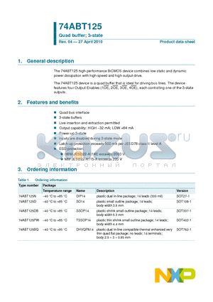 74ABT125 datasheet - Quad buffer; 3-state