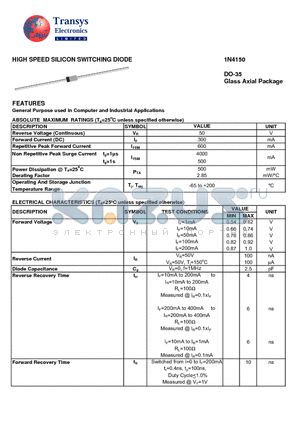 1N4150 datasheet - HIGH SPEED SILICON SWITCHING DIODE