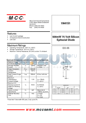 1N4151 datasheet - 500mW 75 Volt Silicon Epitaxial Diode