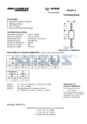 1N4151-1 datasheet - Switching Diode