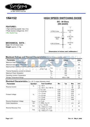 1N4152 datasheet - HIGH SPEED SWITCHING DIODE