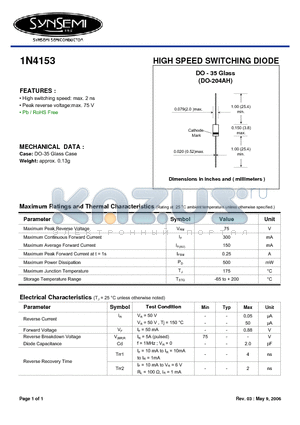 1N4153 datasheet - HIGH SPEED SWITCHING DIODE