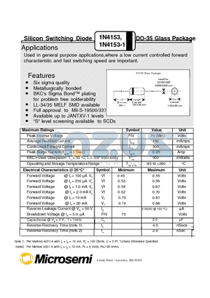 1N4153-1 datasheet - Silicon Switching Diode DO-35 Glass Package