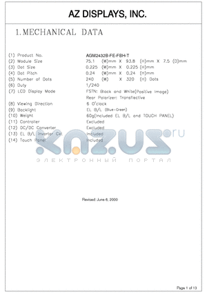 AGM2432B-FE-FBH-T datasheet - AZ DISPLAYS, INC.