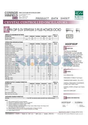 AGOF5S3P datasheet - 14 PIN DIP 5.0V STRATUM 3 PLUS HCMOS OCXO