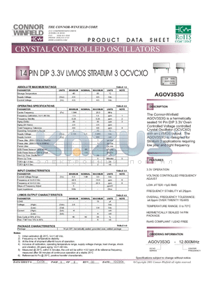 AGOV3S3G datasheet - 14 PIN DIP 3.3V LVMOS STRATUM 3 OCVCXO