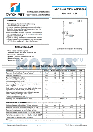 AGP15-800 datasheet - Miniature Glass Passivated Junction Plastic Controlled Avalanche Rectifiers