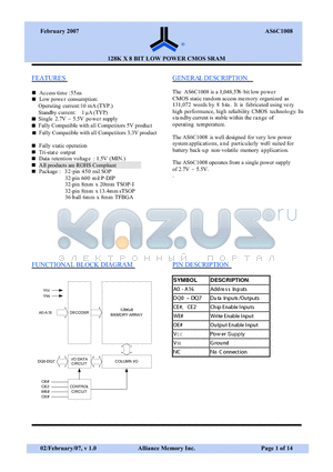 AS6C1008 datasheet - 128K X 8 BIT LOW POWER CMOS SRAM