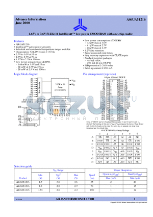 AS6UA51216 datasheet - 1.65V to 3.6V 512K16 Intelliwatt low power CMOS SRAM with one chip enable