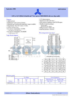AS6WA25616 datasheet - 3.0V to 3.6V 256K X 6 IntelliwattTM low-power CMOS SRAM with one chip enable