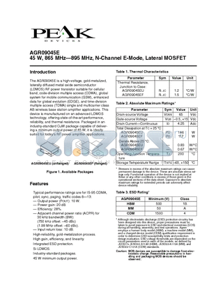 AGR09045E datasheet - 45 W, 865 MHz-895 MHz, N-Channel E-Mode, Lateral MOSFET
