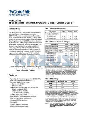 AGR09045E datasheet - 45 W, 865 MHz-895 MHz, N-Channel E-Mode, Lateral MOSFET