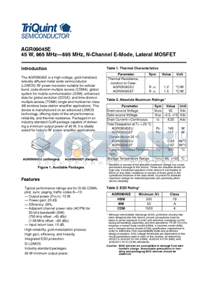 AGR09045EU datasheet - 45 W, 865 MHz-895 MHz, N-Channel E-Mode, Lateral MOSFET