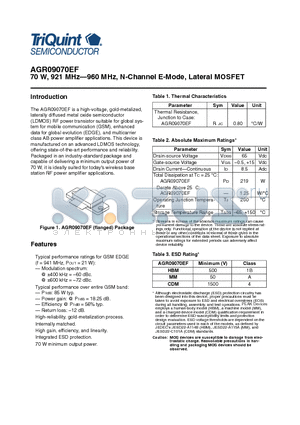 AGR09070EF datasheet - 70 W, 921 MHz-960 MHz, N-Channel E-Mode, Lateral MOSFET