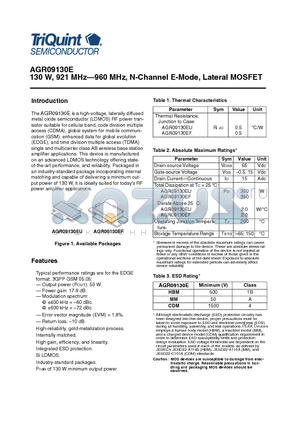 AGR09130E datasheet - 130 W, 921 MHz-960 MHz, N-Channel E-Mode, Lateral MOSFET