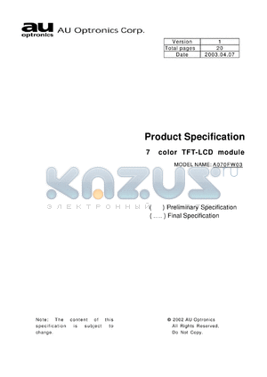 A070FW03 datasheet - 7color TFT-LCD module