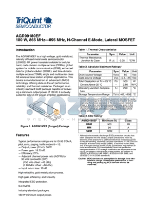 AGR09180EF datasheet - 180 W, 865 MHz-895 MHz, N-Channel E-Mode, Lateral MOSFET