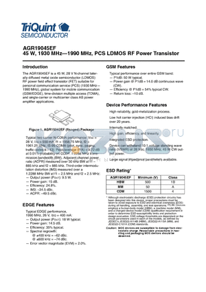 AGR19045EF datasheet - 45 W, 1930 MHz-1990 MHz, PCS LDMOS RF Power Transistor