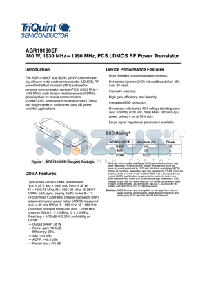 AGR19180EF datasheet - 180 W, 1930 MHz-1990 MHz, PCS LDMOS RF Power Transistor
