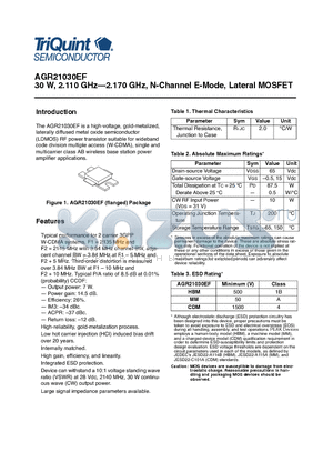 AGR21030EF datasheet - 30 W, 2.110 GHz-2.170 GHz, N-Channel E-Mode, Lateral MOSFET