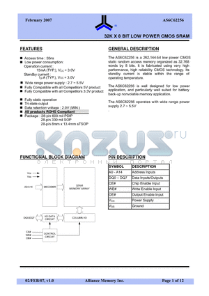 AS6C62256 datasheet - 32K X 8 BIT LOW POWER CMOS SRAM