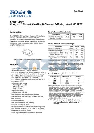 AGR21045EF datasheet - 45 W, 2.110 GHz-2.170 GHz, N-Channel E-Mode, Lateral MOSFET