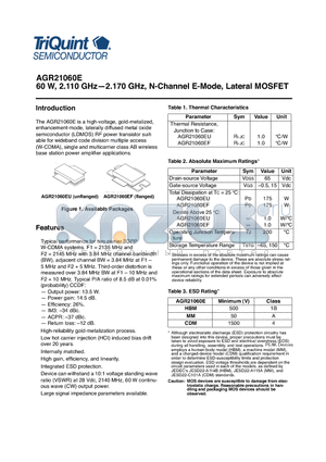 AGR21060EU datasheet - 60 W, 2.110 GHz-2.170 GHz, N-Channel E-Mode, Lateral MOSFET