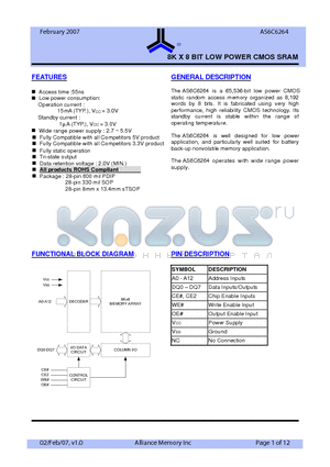 AS6C6264 datasheet - 8K X 8 BIT LOW POWER CMOS SRAM