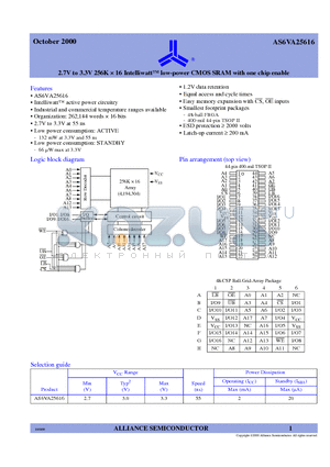 AS6VA25616-BI datasheet - 2.7V to 3.3V 256K x 16 Intelliwatt low-power CMOS SRAM with one chip enable
