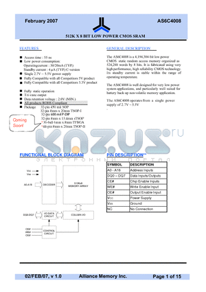 AS6C4008 datasheet - 512K X 8 BIT LOW POWER CMOS SRAM